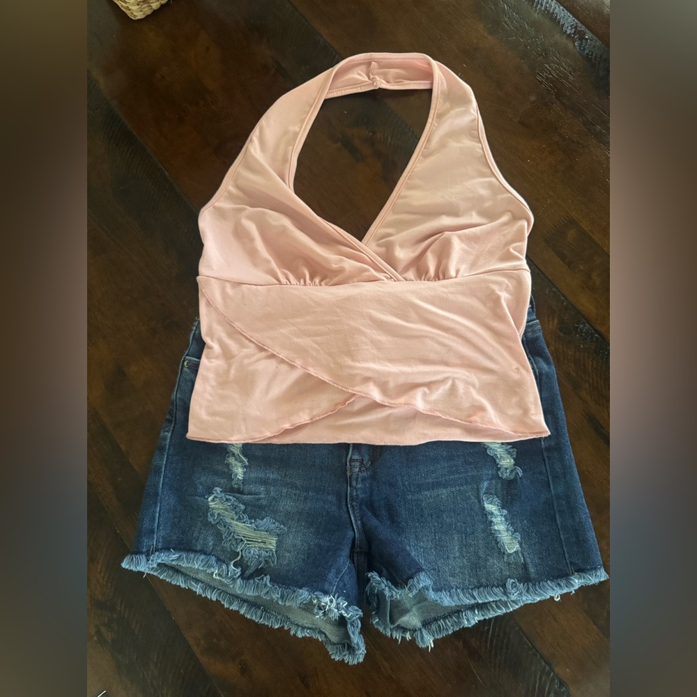 SHEIN Light Pink Halter Wrap Crop Top